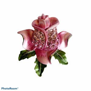Pink Rose Pin Brooch 2" Bling Rhinestones Rosebud